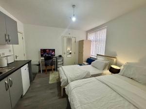 a hotel room with two beds and a kitchen at HomesRentals Studio in Dudley