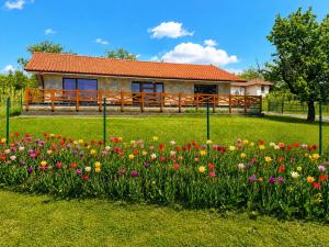 a house with a bunch of flowers in the yard at Dva Duby in Nána