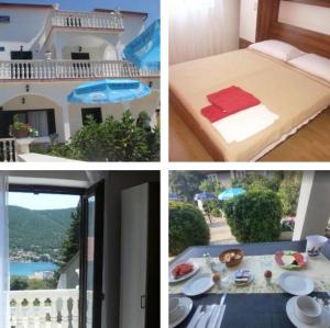 a collage of four pictures of a hotel room at Gästehaus Sofija Unterkunft mit Frühstück, Privatparkplatz und Klimaanlage in Grebaštica
