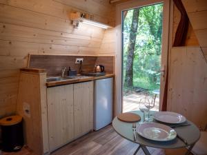 a kitchen with a sink and a table in a cabin at La cabane en A 