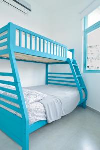 ein blaues Etagenbett in einem blauen Zimmer in der Unterkunft Bocas Style in Casco Viejo in Panama-Stadt