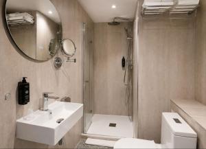 a bathroom with a sink and a toilet and a mirror at De Herbert Amsterdam - Formerly France Hotel in Amsterdam +27 photos