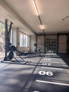 a gym with treadmills and machines on the floor at ALPURA Allgäu - Active Nature Retreat - HOTEL REOPENING in Bad Hindelang