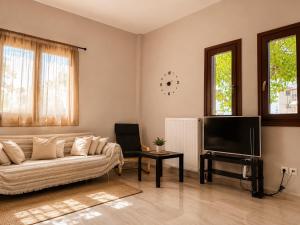 a living room with a couch and a flat screen tv at Villa Rozalia in Konitsa