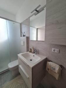 a bathroom with a sink and a toilet and a mirror at Casa Timavo in Ronchi dei Legionari +20 photos