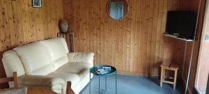 a living room with a white chair and a tv at Chalet ondalis in Le Malzieu-Ville