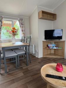 a living room with a dining room table and a tv at Distel&Meer in Kropswolde +6 photos