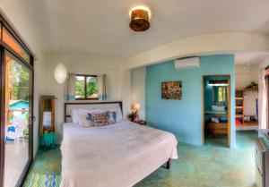 a bedroom with a bed and a blue wall at Sueño Grande B&B in Puerto Viejo