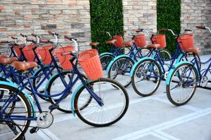 uma fila de bicicletas azuis estacionadas ao lado de um edifício em Elements Tulum Boutique Hotel em Tulum