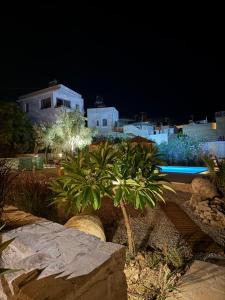 a resort with a swimming pool at night at Papadia Luxury Apartments in Pitsidia