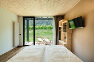a bedroom with a bed and a tv and a window at Agriturismo Maso Loera in Pelugo