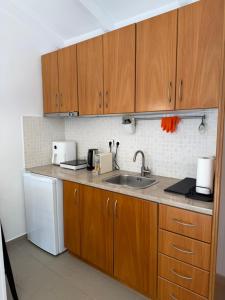 a kitchen with wooden cabinets and a sink at Calmora by the Sea in Ancient Epidauros +11 photos
