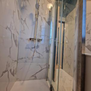 a shower with a glass door in a bathroom at Le Ratna in Groslay