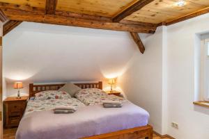 a bedroom with a bed with two lamps on two tables at Ferienwohnung Schwarzmühle 3 in Neuer Anbau
