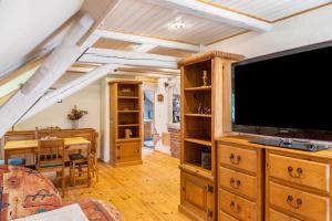 a living room with a large television and a table at Ferienwohnung Schwarzmühle 3 in Neuer Anbau