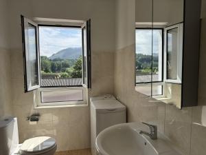 a bathroom with a toilet and a sink and two windows at Alojamiento Picos de Europa VUT-2458-AS in Arriondas +90 photos