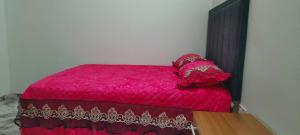 a red bed with a red comforter and two pillows at Optizee Hotel and Suites in Agege