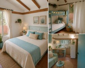 two pictures of a bedroom with a bed and a living room at cabañas Antonella in El Quisco