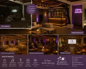 a collage of photos of a restaurant with lights and tables at cabañas Antonella in El Quisco