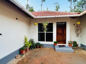 a house with potted plants in front of it at Janapriya Villa 2 in Mudigere