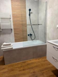 a bathroom with a shower and a bath tub at Apartament Venis ul Jodłowa in Opole