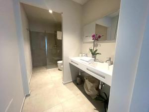 a bathroom with a sink and a shower and a toilet at Villa Nina in Lagosanto
