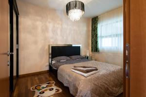 a bedroom with a bed and a chandelier at Sia Mountain Apartment in Predeal