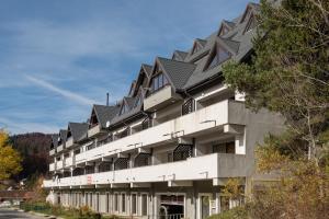 a large white building with a black roof at Sia Mountain Apartment in Predeal