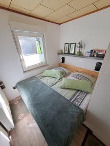 a small bedroom with two beds and a window at Ferienhaus Hilde in Sangerhausen