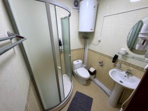 a bathroom with a shower and a toilet and a sink at DEMAL Mountain Resort in Alamedin