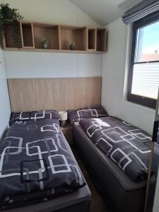 a bedroom with two beds and a window at Mobilheim Bumblebee im Allgäu in Oberegg