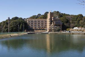 a building next to a lake with ducks in the water at Toyokawa Grand Hotel in Toyokawa