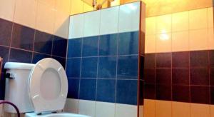 a bathroom with a toilet with blue and brown tiles at Zigzag Resort in Ban Som Poi
