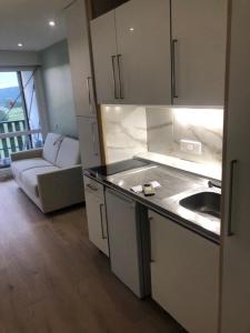 a kitchen with a sink and a couch in a room at Appartement cosy in Les Rousses