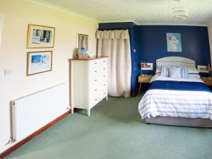 a bedroom with a bed and a blue wall at Idyllic, Luxurious Seaside Flat for 4. in Borth