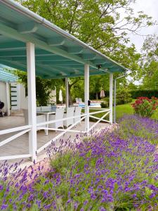 a pavilion in a garden with purple flowers at Funny Füred in Balatonfüred