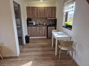 a small kitchen with a table and chairs in a room at Apartmány Mácháč in Doksy