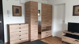 a large wooden cabinet in a room with a television at Apt Moravica in Soko Banja