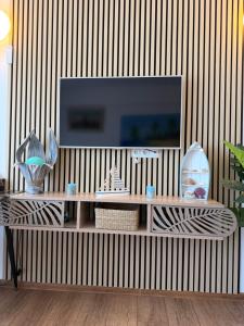 a living room with a television on a wooden wall at Studio Blaxy Mihnea in Douăzeci şi Trei August