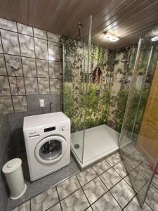 a bathroom with a washing machine and a shower at Moosinest-Birkenzimmer in Schonach