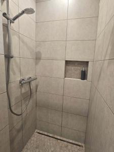 a bathroom with a shower with a glass door at Medaus slėnis in Šilinė +26 photos