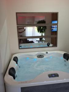 a bath tub in a bathroom with a mirror at Omnia Lux Apartman 4C in Šabac +16 photos