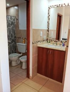 a bathroom with a sink and a toilet and a mirror at El Depto de Roberto in Villa María