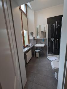 a bathroom with a toilet and a sink and a shower at Weinhotel St. Stephanus in Zeltingen-Rachtig
