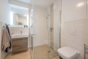 a bathroom with a shower and a toilet and a sink at FeWo Tommy in Zirchow +29 photos