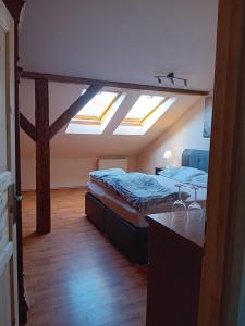 a bedroom with a bed in a room with skylights at Apartmán Merkur in Kadaň