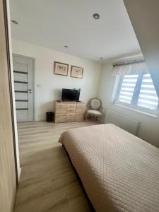 a bedroom with a bed and a flat screen tv at Pokoje J&J in Grabówka