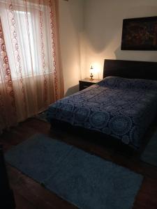 a bedroom with a bed and a blue rug and a window at Home in village in Korçë