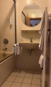 a bathroom with a sink and a mirror at Hotel Waldblick BSR Garten mit Pavillons im Schwarzwald, ideal für Paare, Familien, Hunde in Donaueschingen