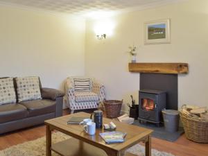 a living room with a couch and a fireplace at Pengelli Cottage in Eglwyswrw